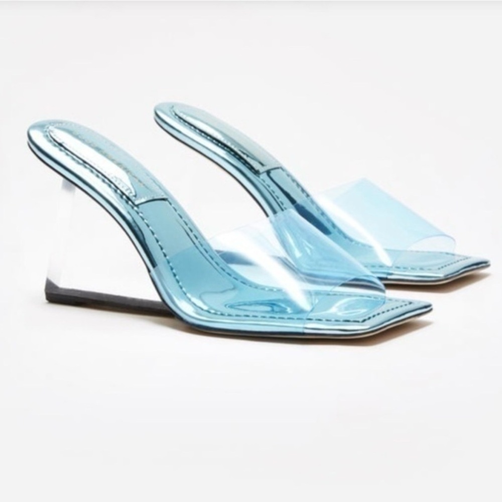 Good American Light Blue Clear Wedge Mule Sandals - size 9